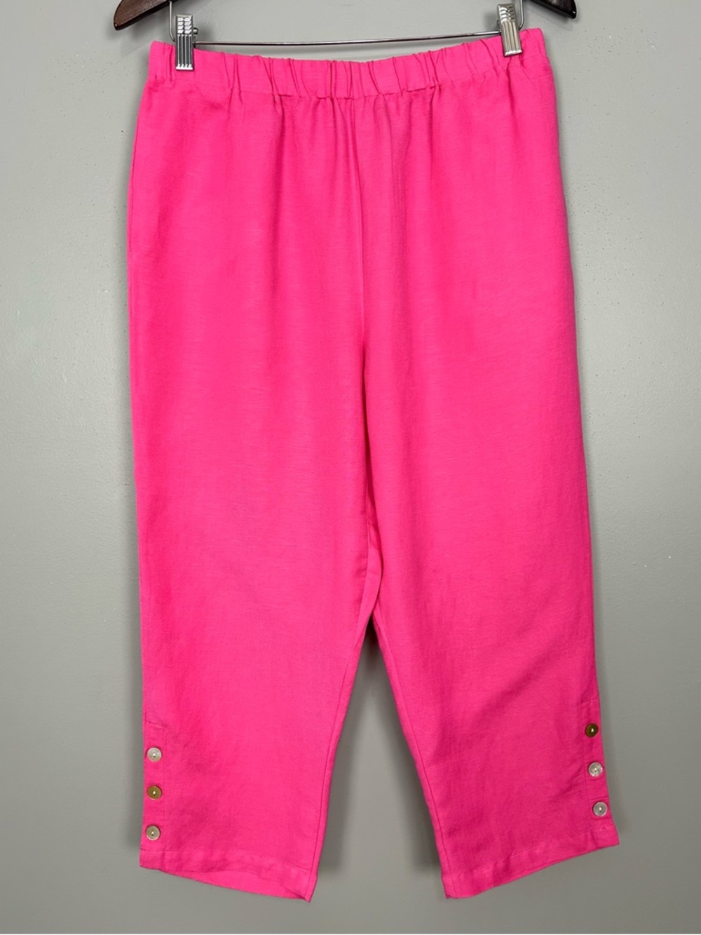 Toofan Linen Crop Pants Women’s Size S Pull On Elastic Waist Accent Buttons Pink